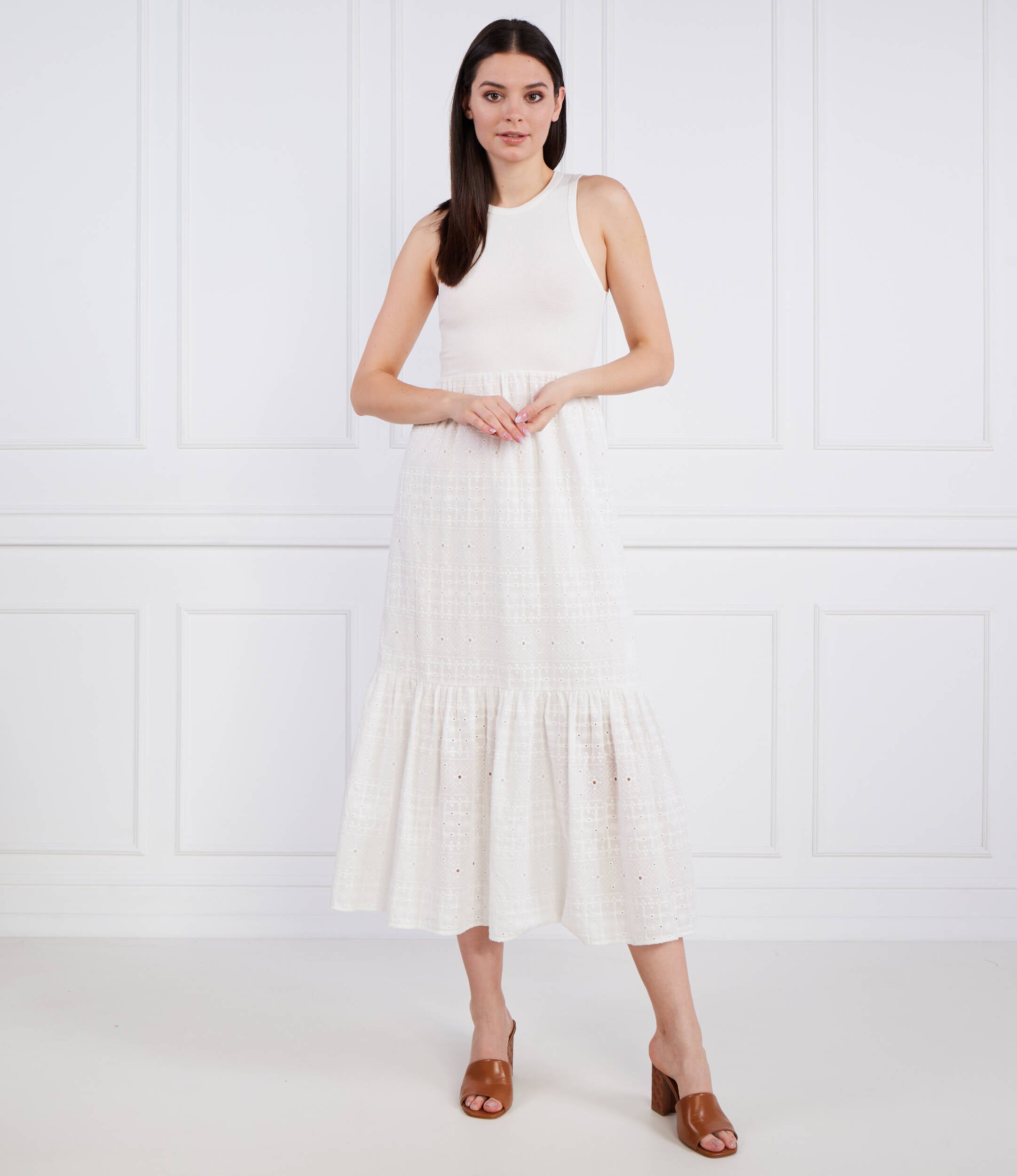 Desigual Ribbed Bodice Broderie Midi Dress – White