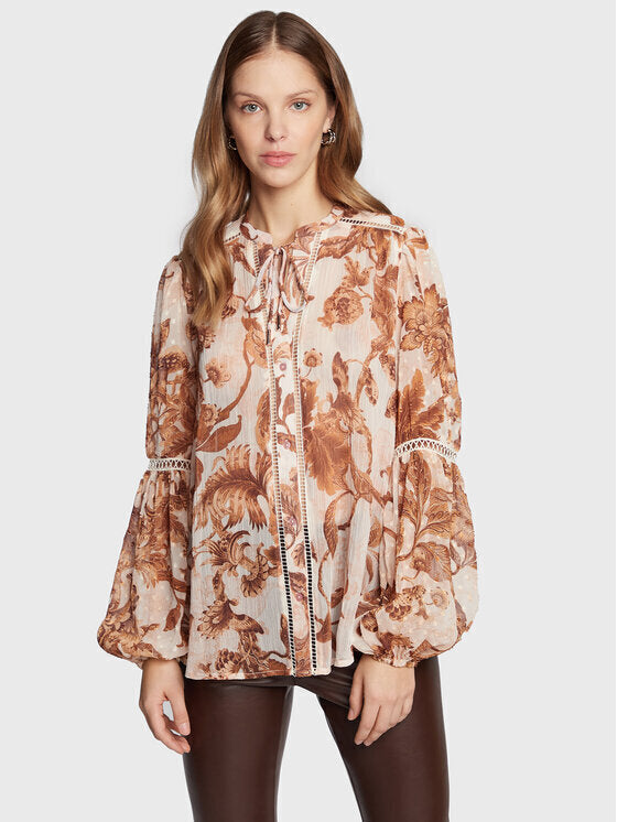 Guess Tunic Long Sleeve with V Neckline Floral – Beige
