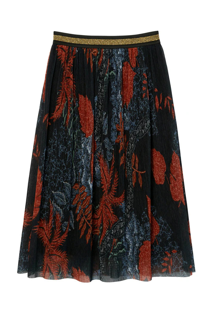Desigual Virgine Pleated Midi Skirt with Gold Elastic Waist