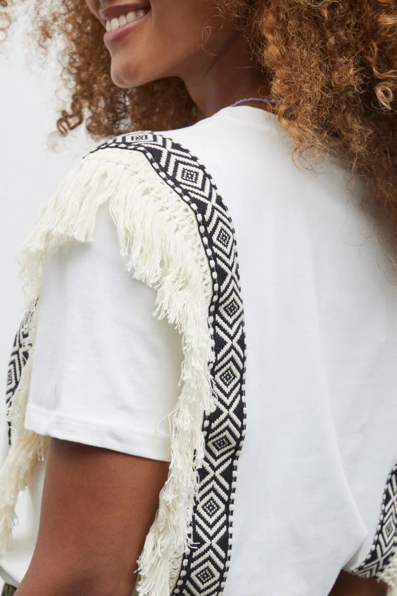Sorbet Santi T-Shirt with Geometric Trim and Fringe
