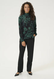 Kaffe KAamber Black Dark Green Baroque Floral Smocked High Neck Blouse – Long Puff Sleeves Button Cuffs | Women
