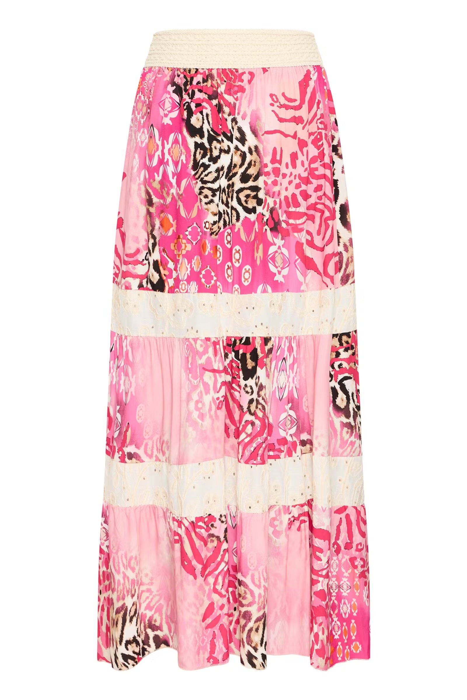 Sorbet Alona Tiered Maxi Skirt with Animal Print - Pink & Cream