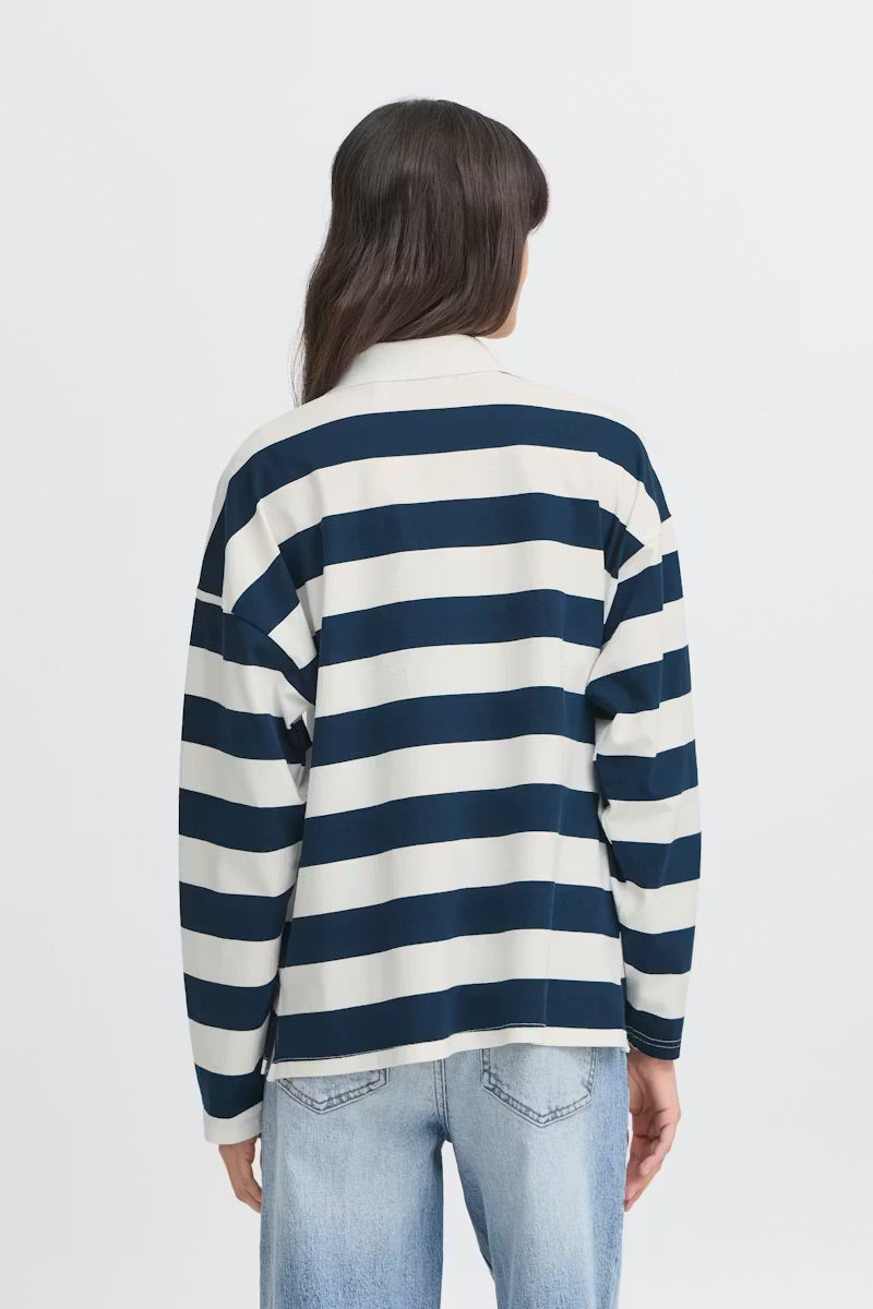 b.young BYBXSomset Striped Long-Sleeve Polo Shirt - Copenhagen Night