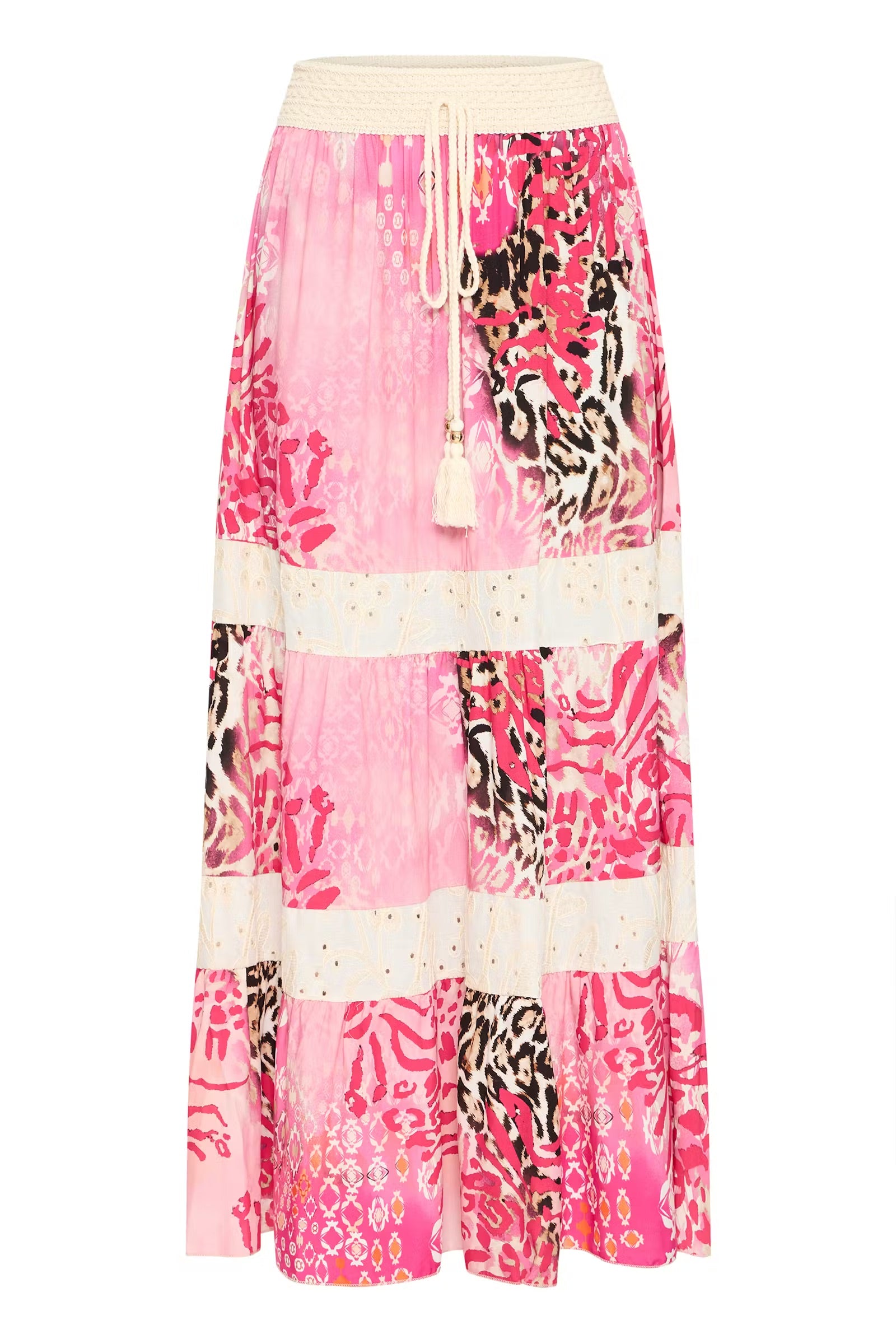 Sorbet Alona Tiered Maxi Skirt with Animal Print - Pink & Cream
