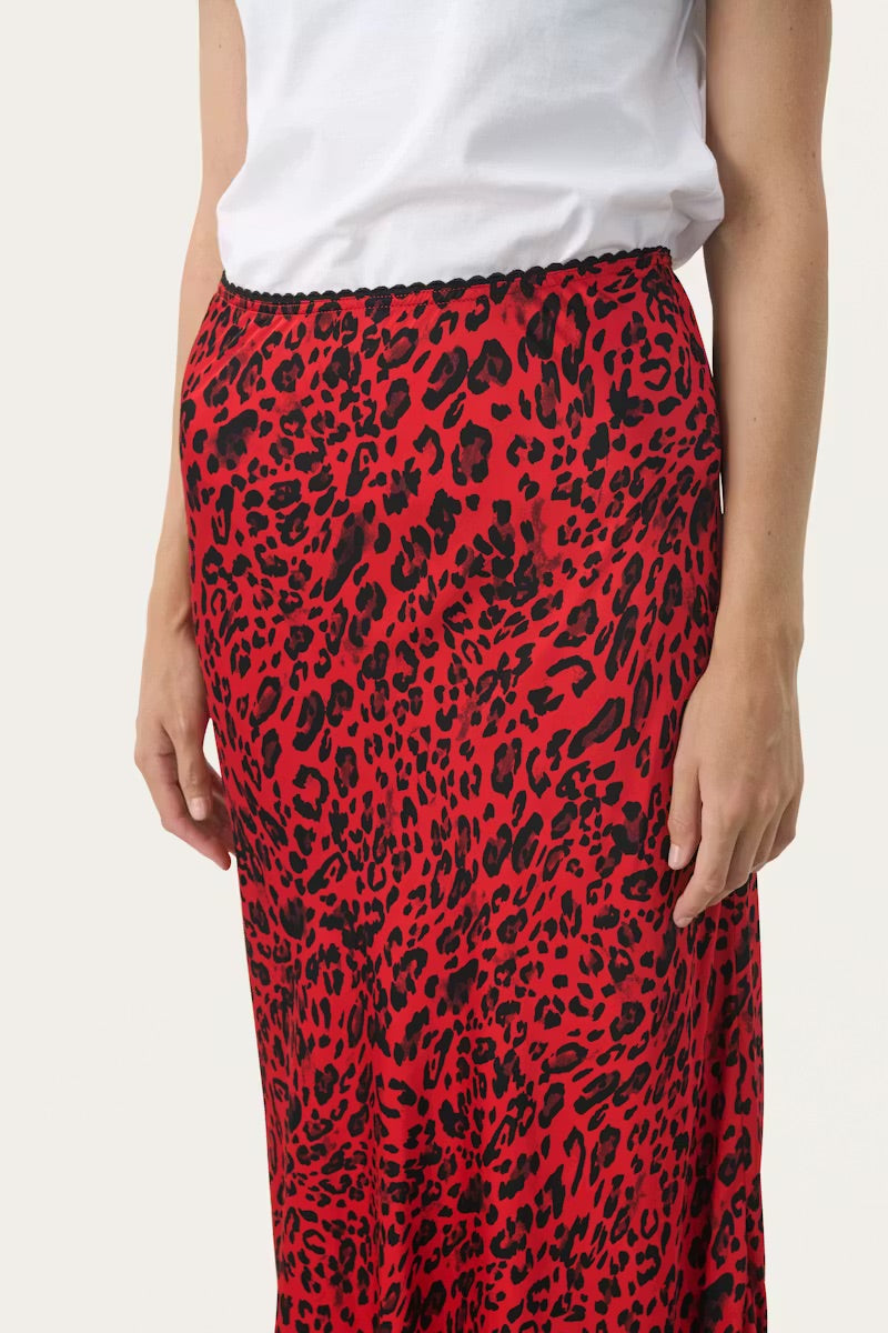 Part Two LaurinaPW Skirt - Red Leopard Print Midi Skirt