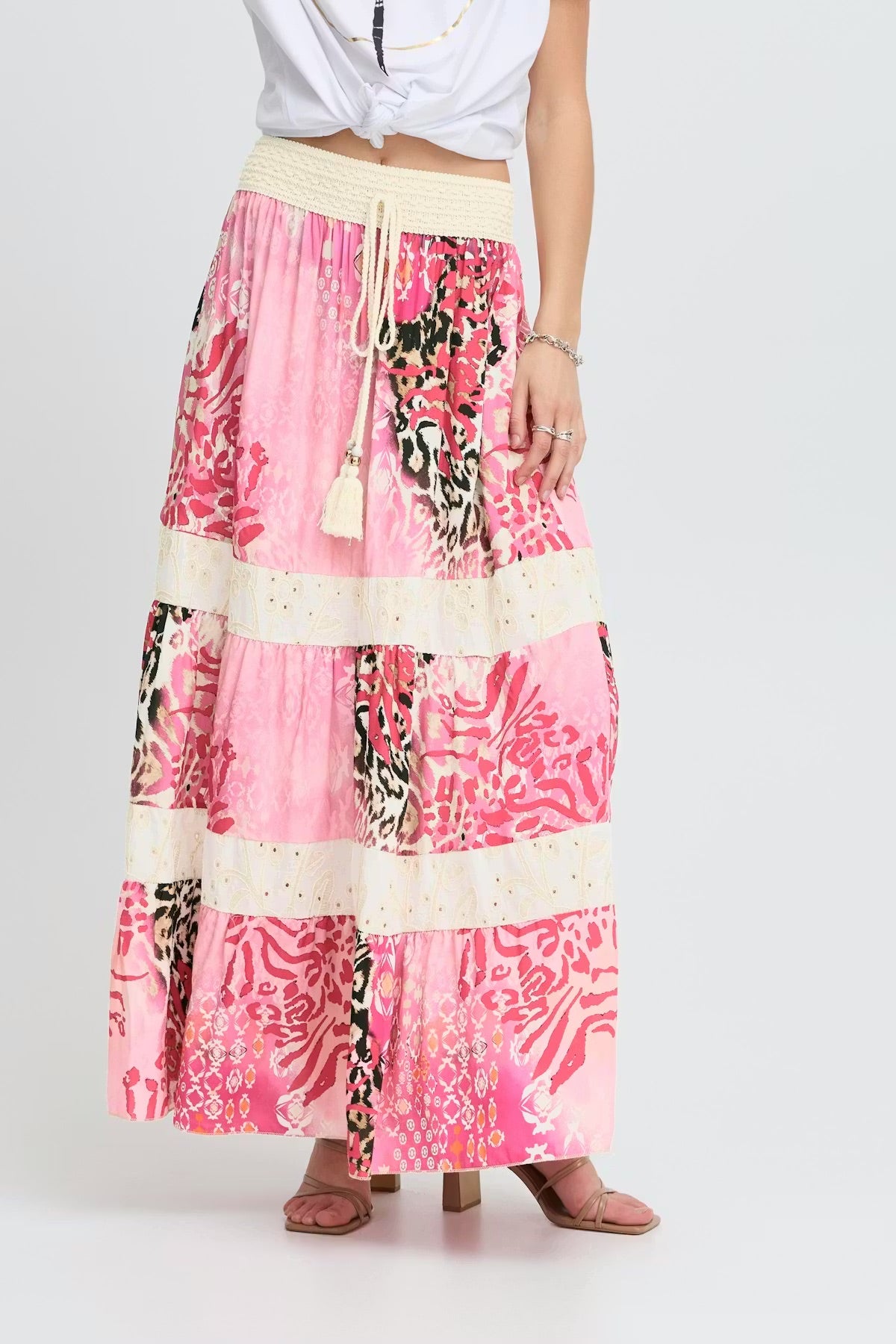 Sorbet Alona Tiered Maxi Skirt with Animal Print - Pink & Cream