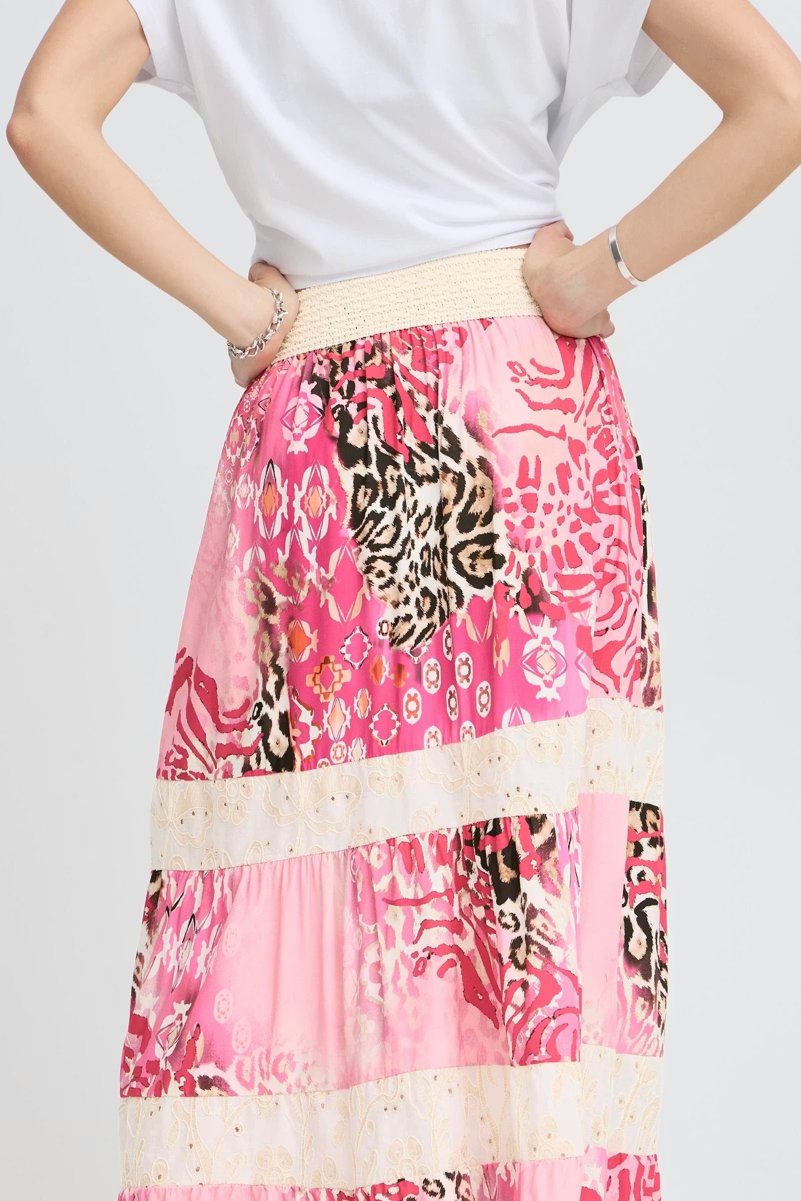 Sorbet Alona Tiered Maxi Skirt with Animal Print - Pink & Cream