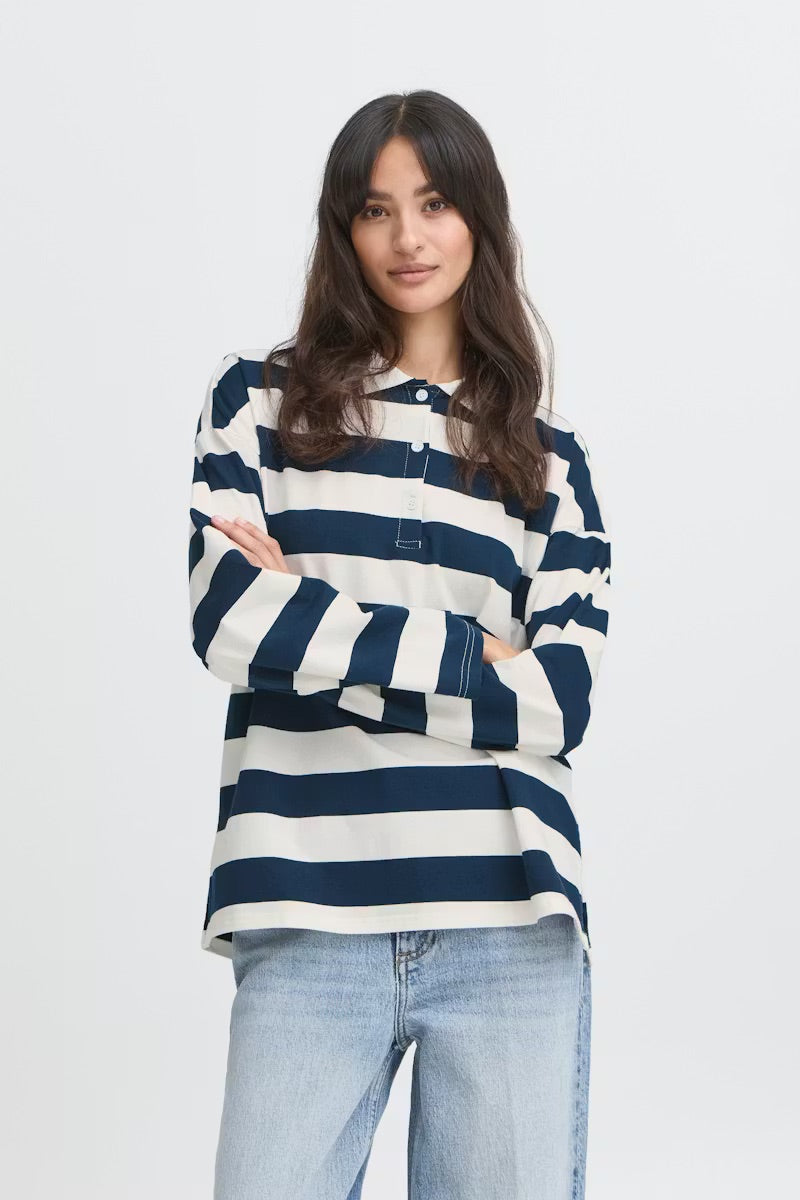 b.young BYBXSomset Striped Long-Sleeve Polo Shirt - Copenhagen Night