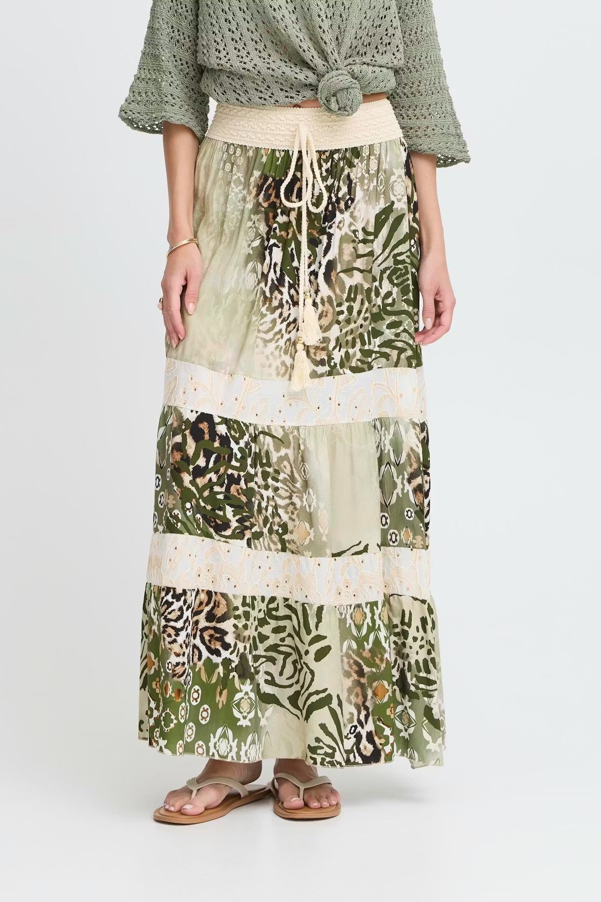 Sorbet Alona Tiered Maxi Skirt with Animal Print - Cream & Sage