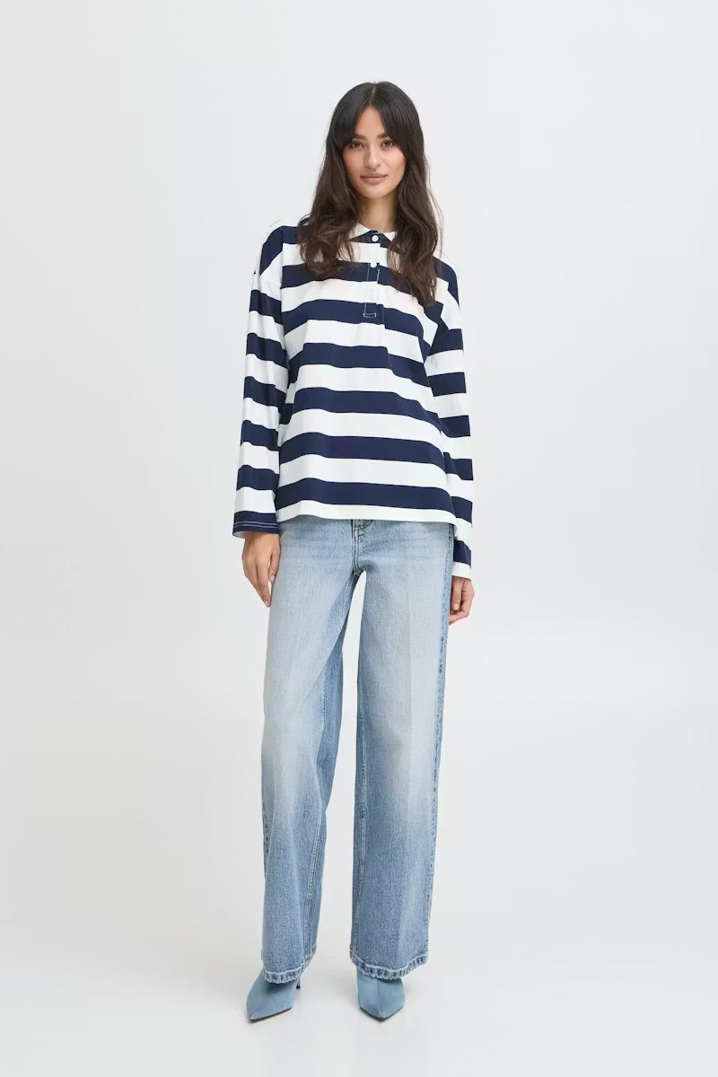 b.young BYBXSomset Striped Long-Sleeve Polo Shirt - Copenhagen Night