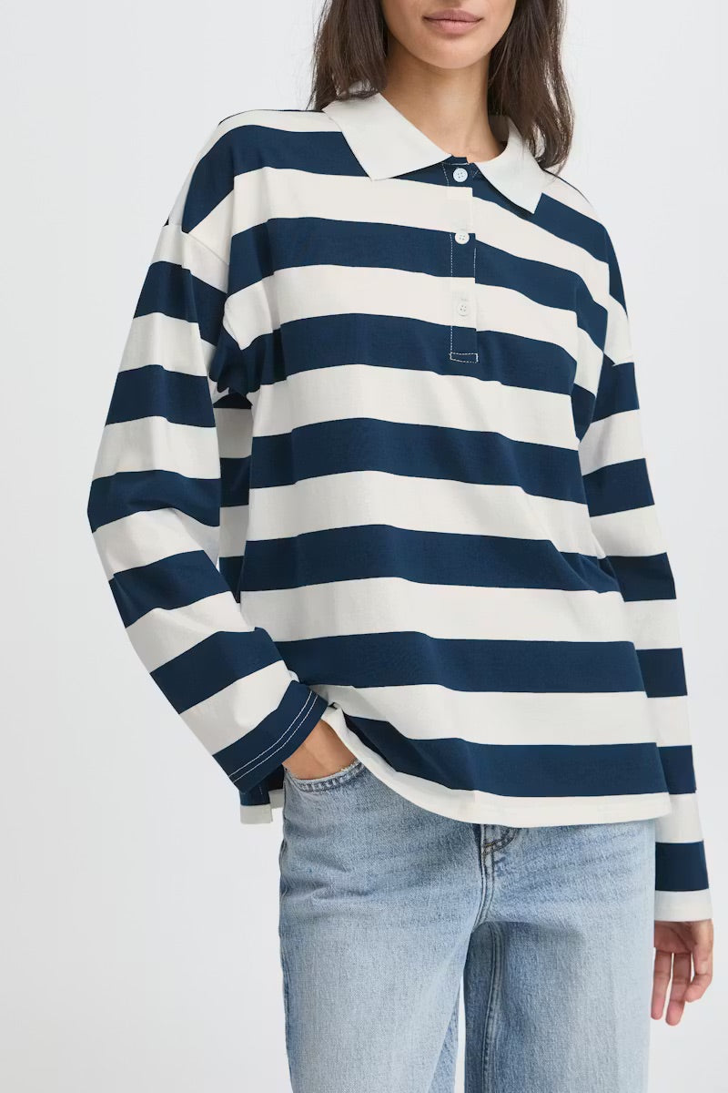 b.young BYBXSomset Striped Long-Sleeve Polo Shirt - Copenhagen Night