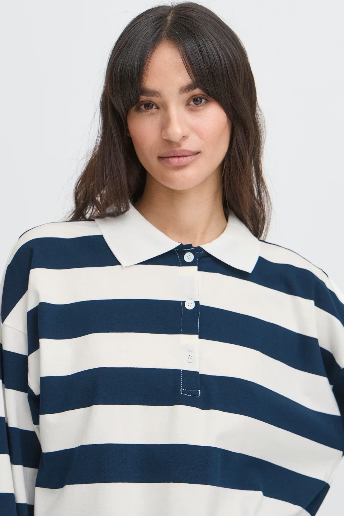 b.young BYBXSomset Striped Long-Sleeve Polo Shirt - Copenhagen Night