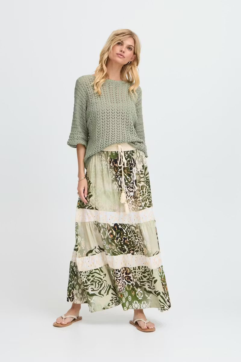 Sorbet Alona Tiered Maxi Skirt with Animal Print - Cream & Sage