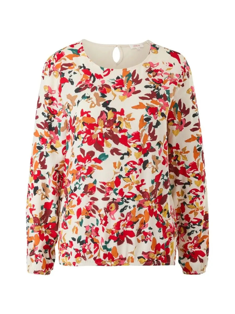s.Oliver Autumn Floral Print Blouse with Keyhole Back - Cream