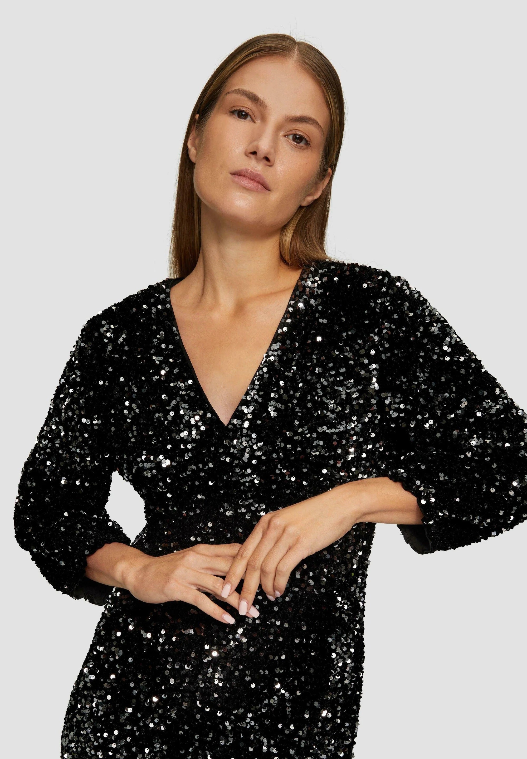 s.Oliver Sequin Cocktail Dress with Balloon Sleeves - Black