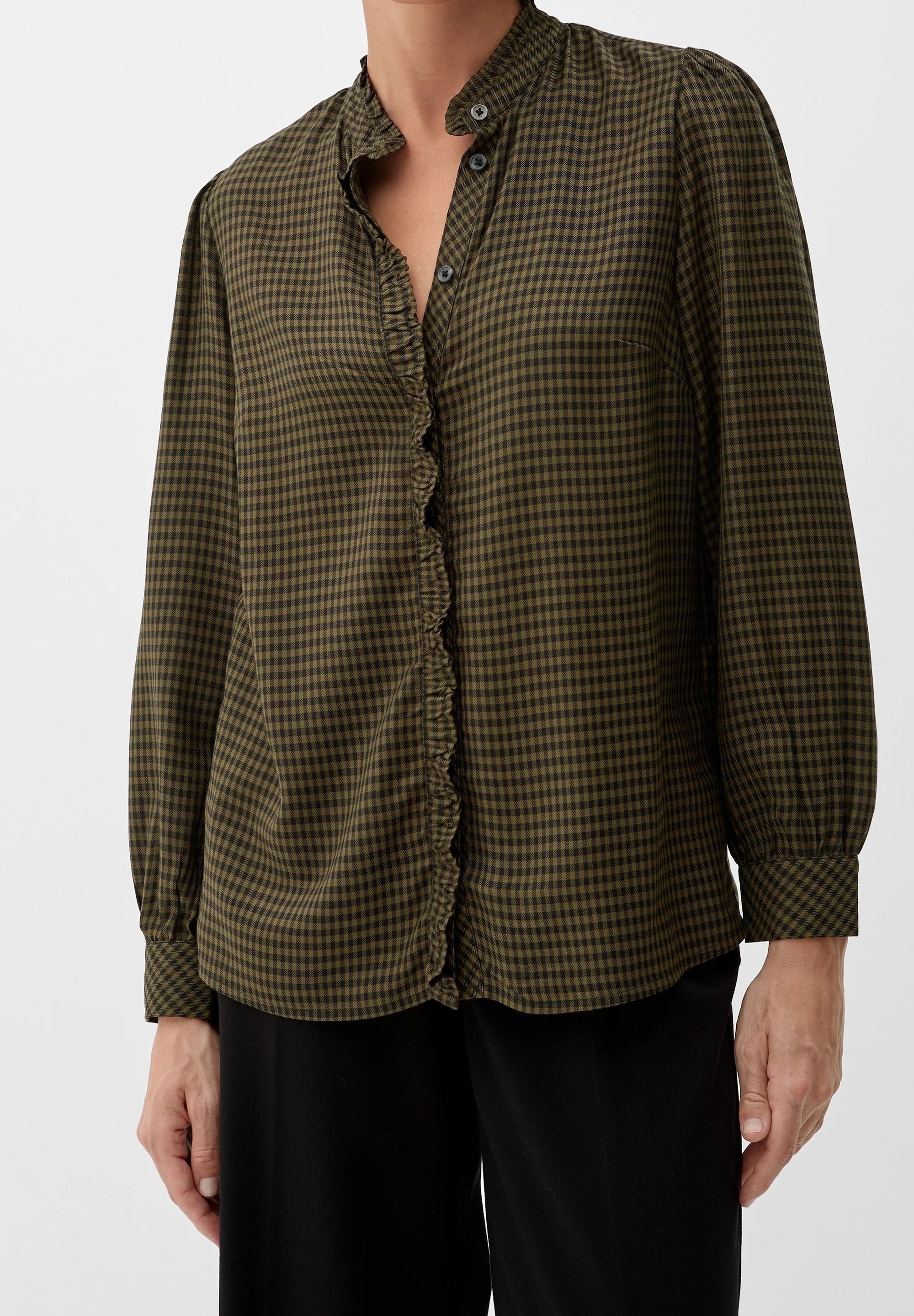 s.Oliver Gingham Check Blouse with Ruffle Collar - Evergreen