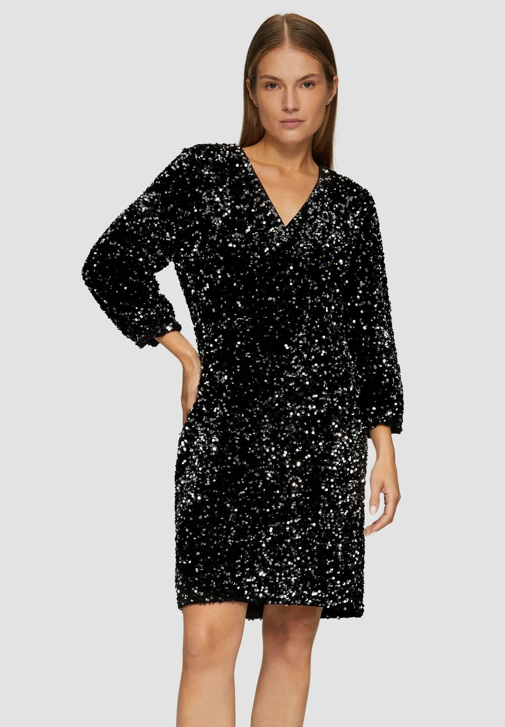 s.Oliver Sequin Cocktail Dress with Balloon Sleeves - Black