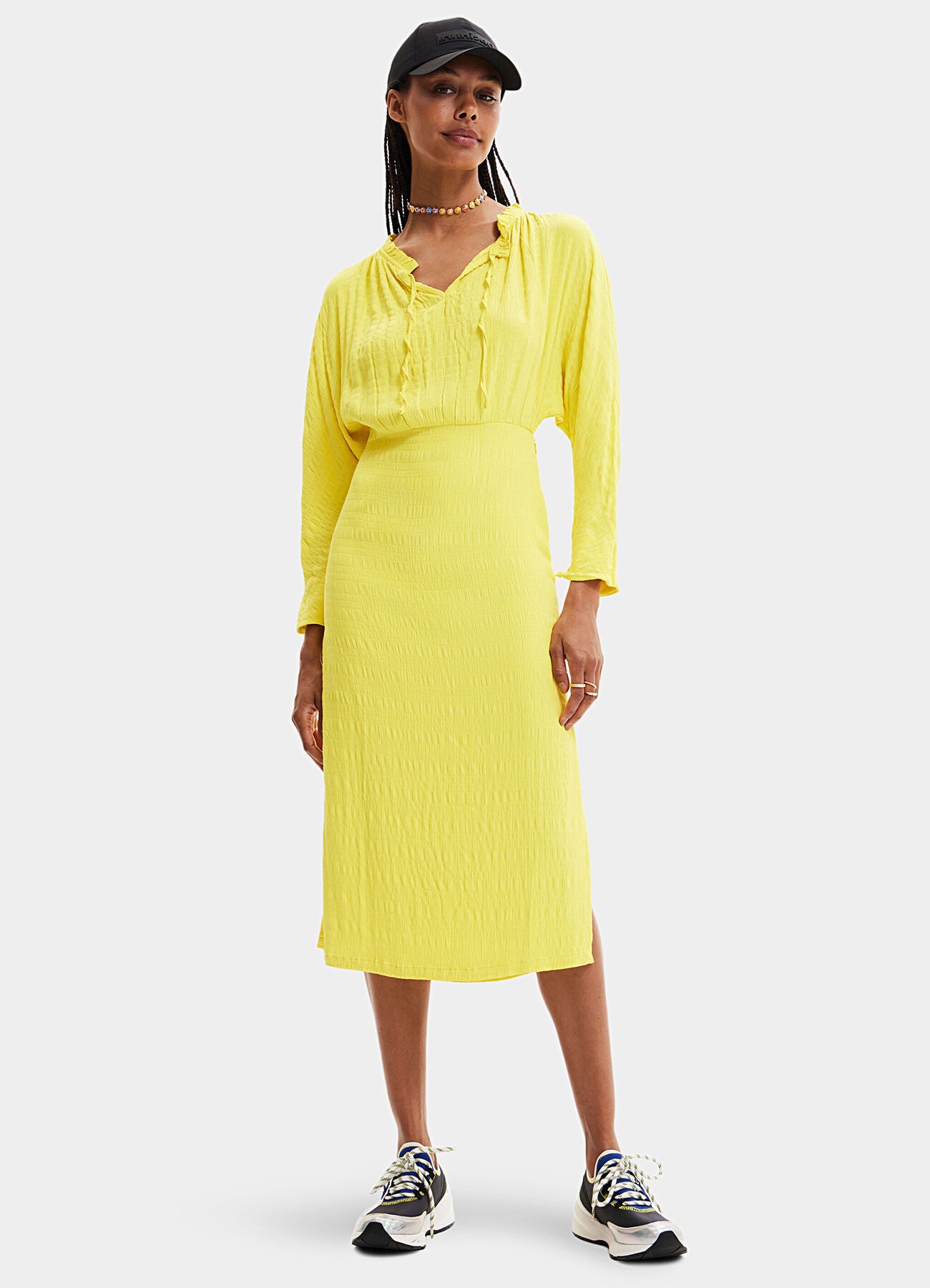 Desigual Textured Cut-Out Back Midi Dress – Yellow