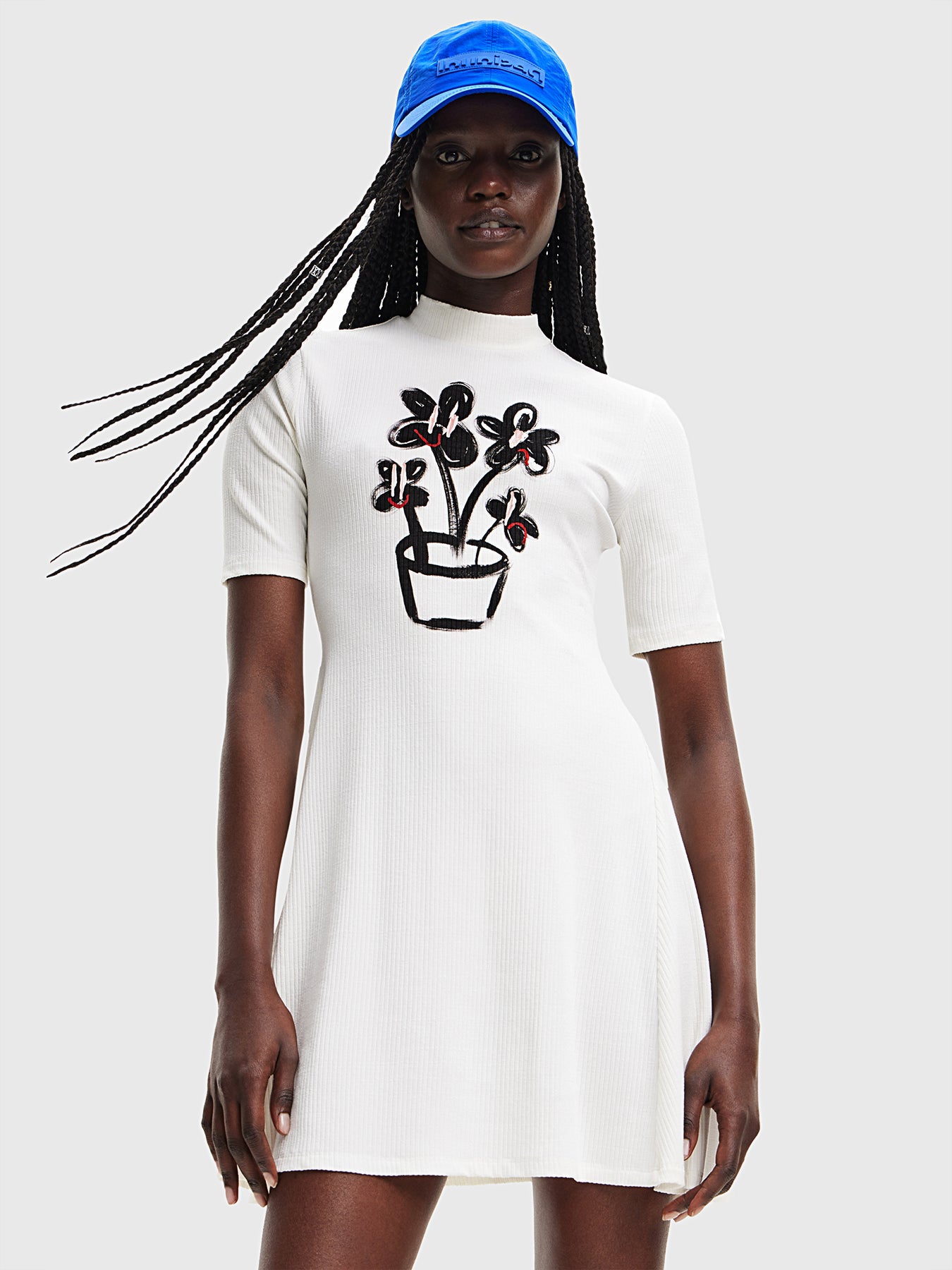 Desigual Ribbed Floral Embroidery Mini Dress – White