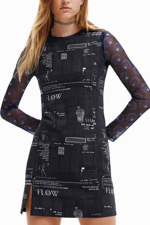 Desigual Flow Manifesto Print Mini Dress – Black