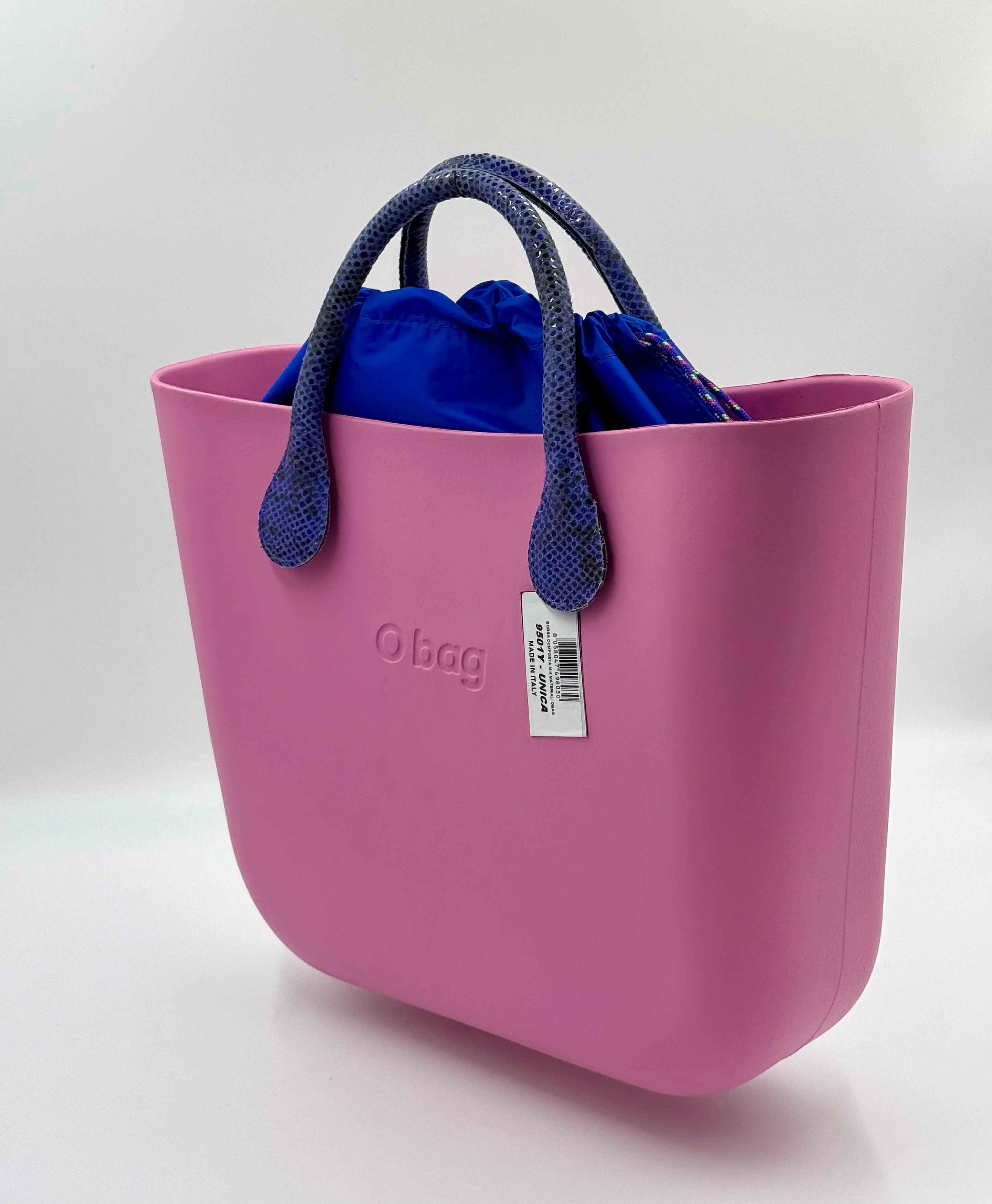 O bag – mauve bag with blue inner bag and snake-print handles