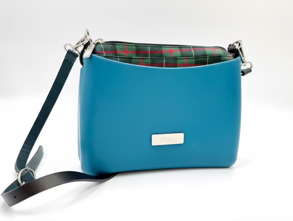 O bag mini crossbody bag – petrol blue (turquoise), with checkered textile insert and zipper