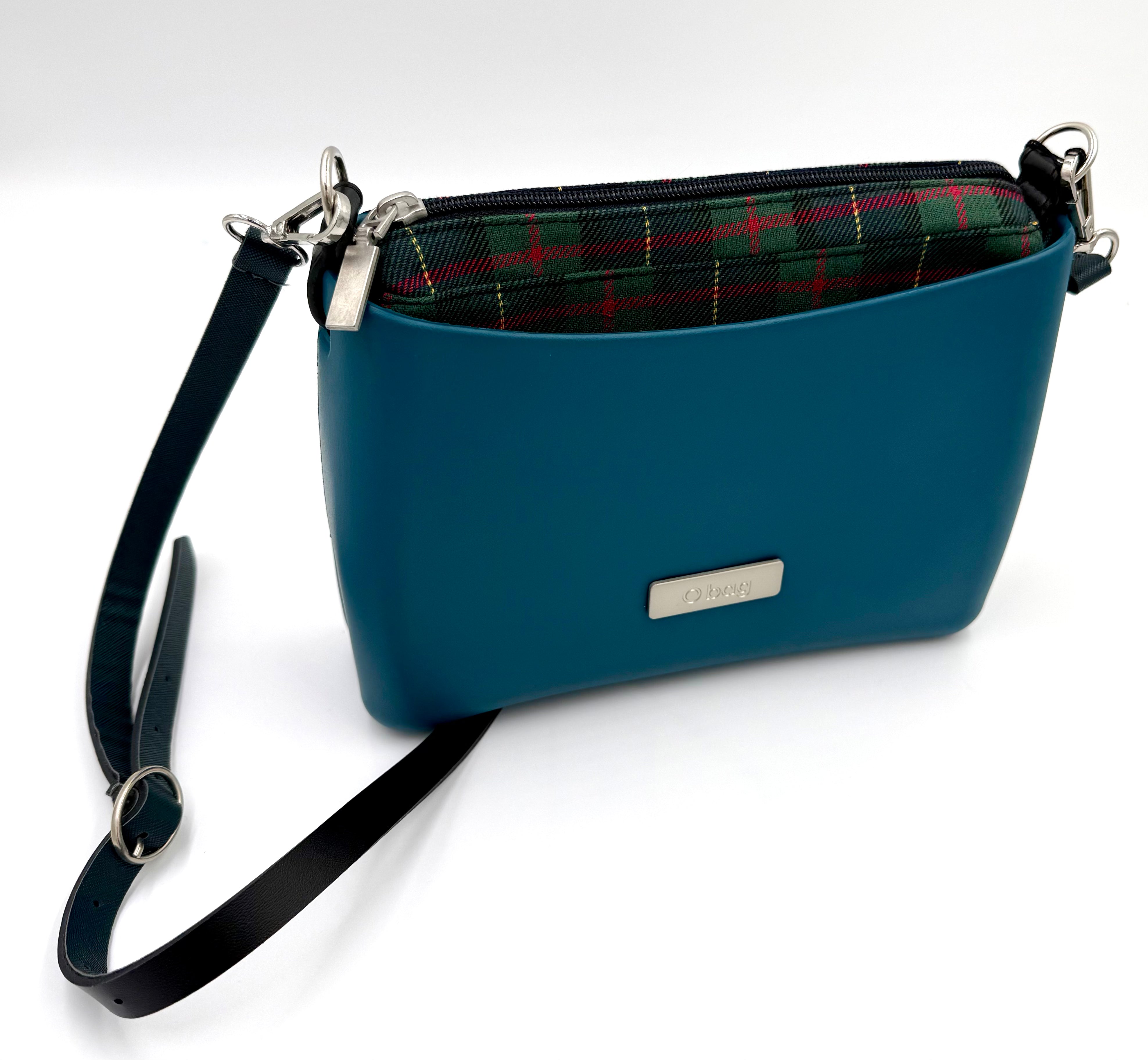 O bag mini crossbody bag – petrol blue (turquoise), with checkered textile insert and zipper