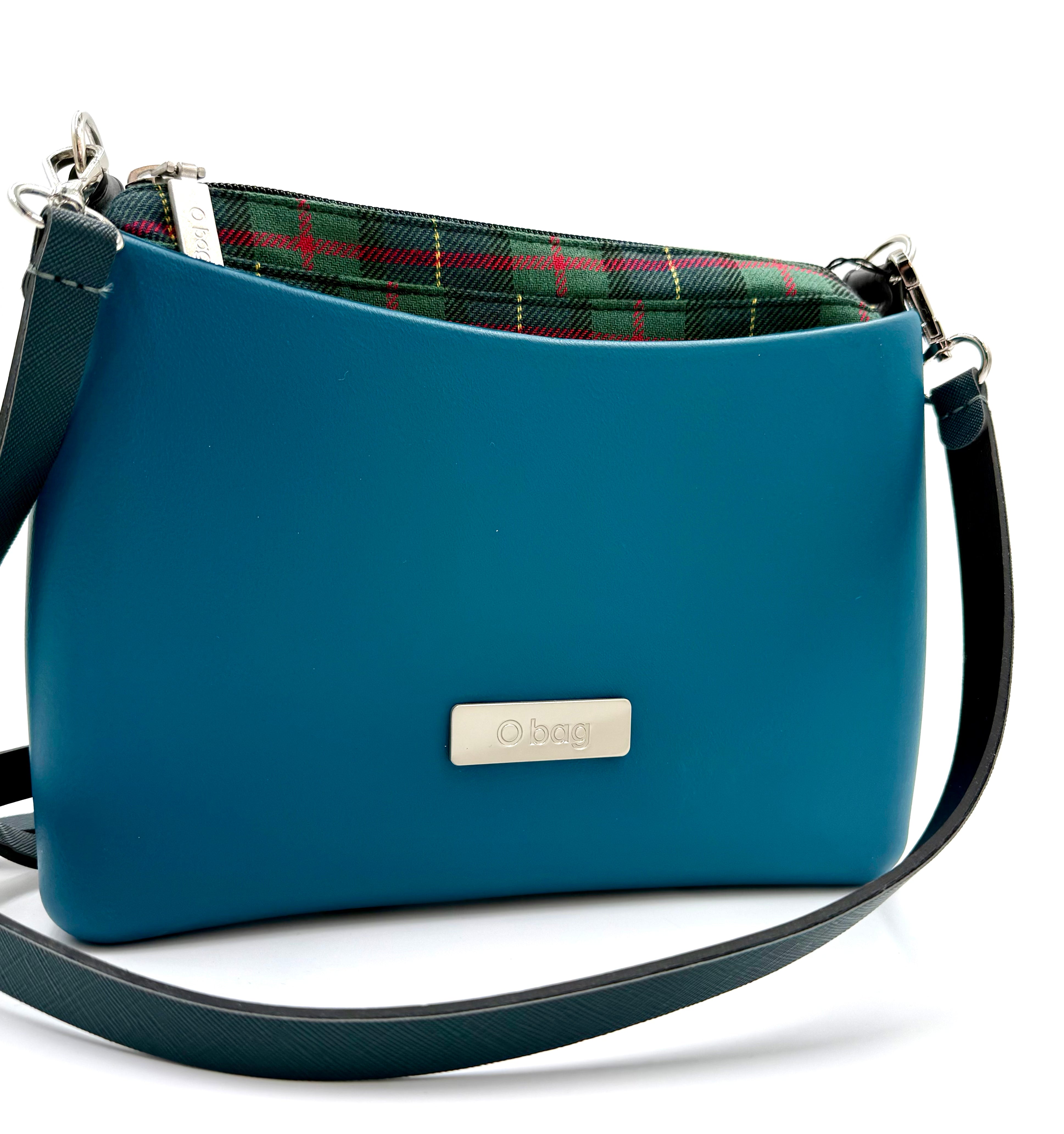 O bag mini crossbody bag – petrol blue (turquoise), with checkered textile insert and zipper