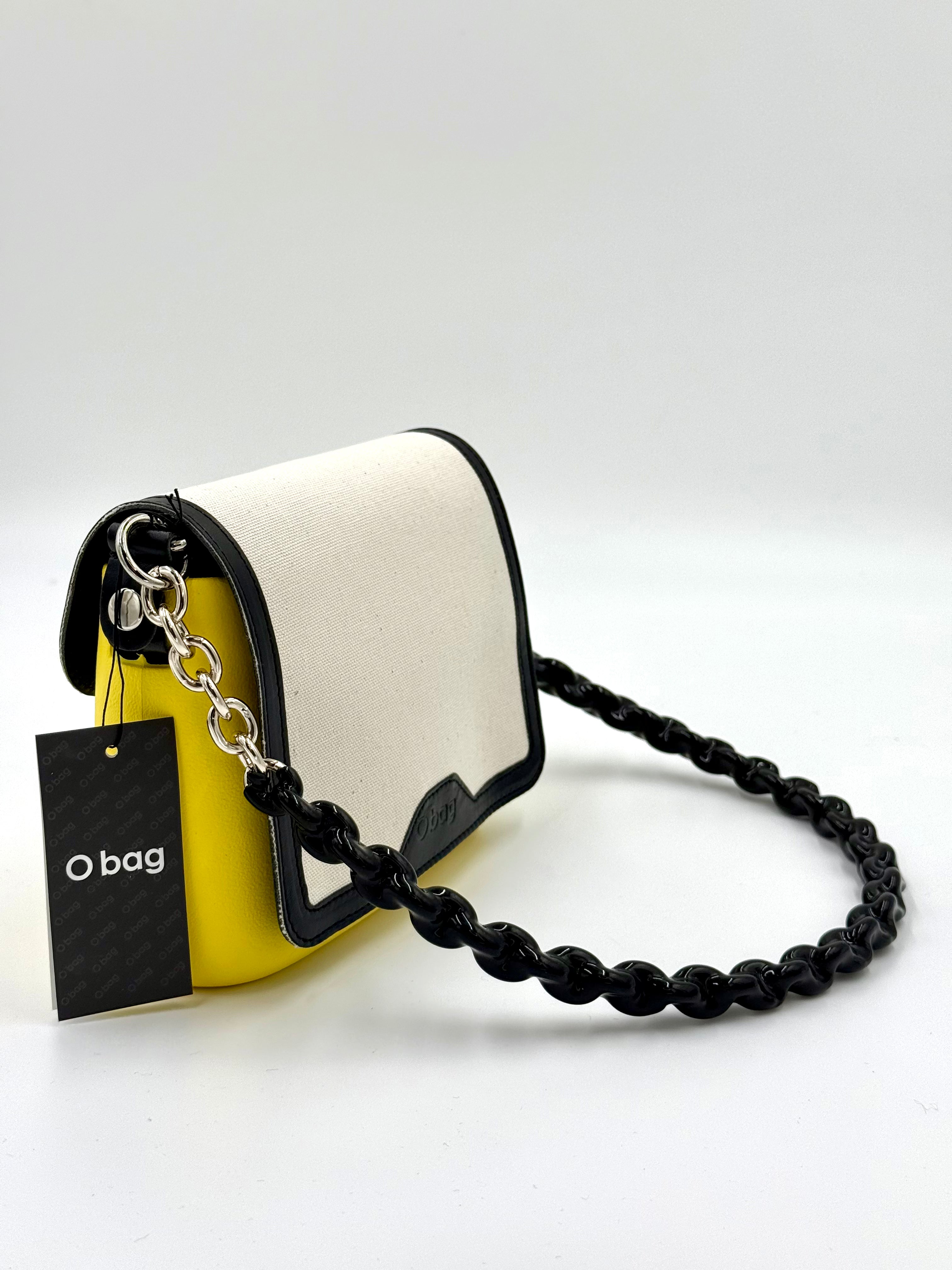 O bag Pocket mini bag – lemon yellow body, white lid, black chain strap