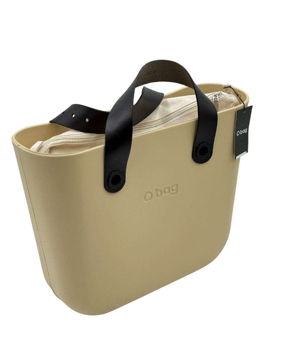 O bag Mini – Sand Beige Tote Bag with Black Handles & Cream Interior