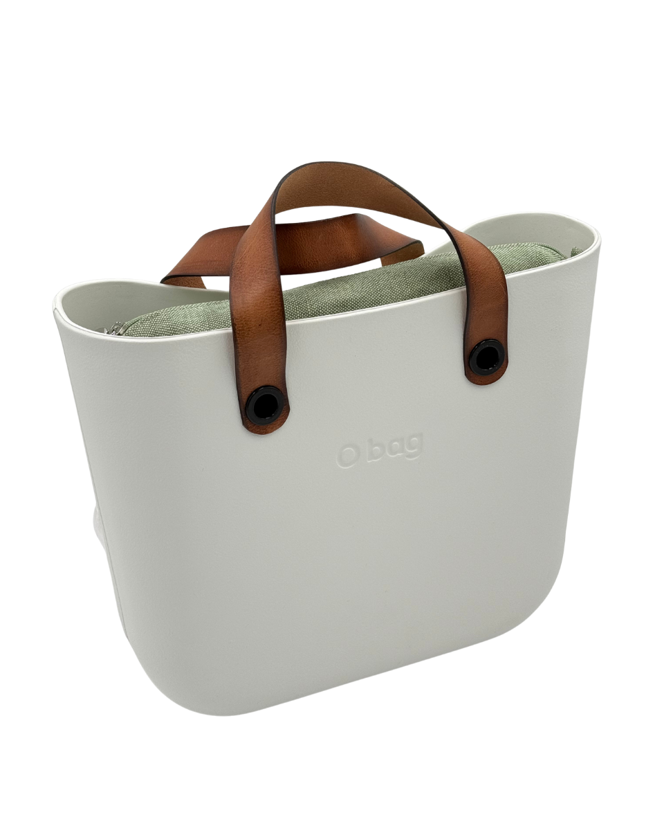 O bag – Off-White Tote Bag with Cognac Leather Handles & Sage Green Interior
