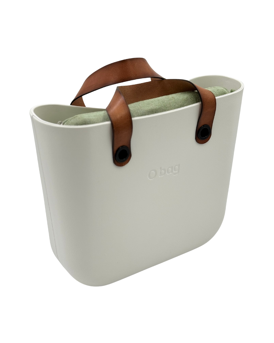 O bag – Off-White Tote Bag with Cognac Leather Handles & Sage Green Interior
