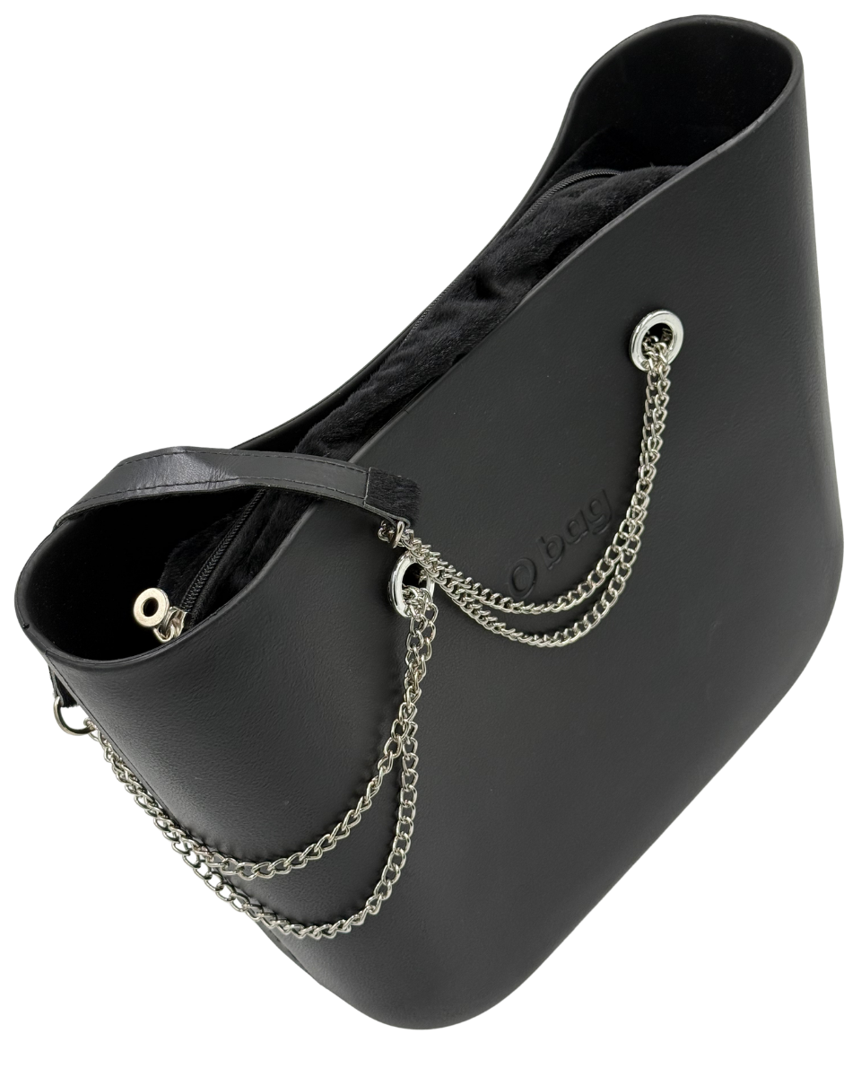 O bag – Black Tote Bag with Silver Chain Handles & Black Plush Interior