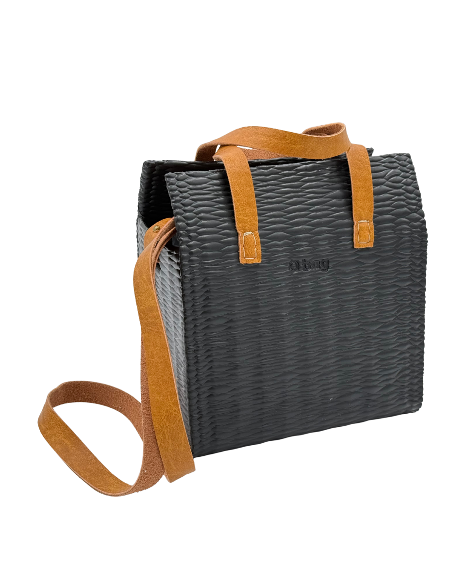 O bag Glam – Black Woven Texture Bag with Cognac Leather Handles