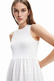 Desigual Ribbed Bodice Broderie Midi Dress – White
