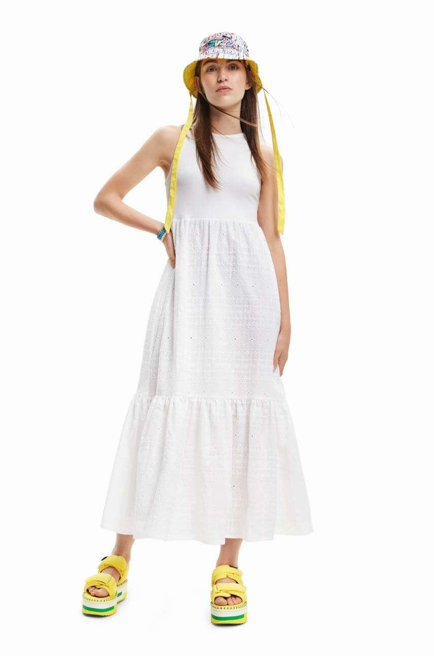 Desigual Ribbed Bodice Broderie Midi Dress – White