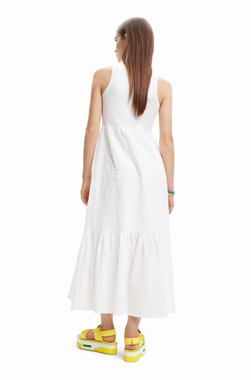 Desigual Ribbed Bodice Broderie Midi Dress – White