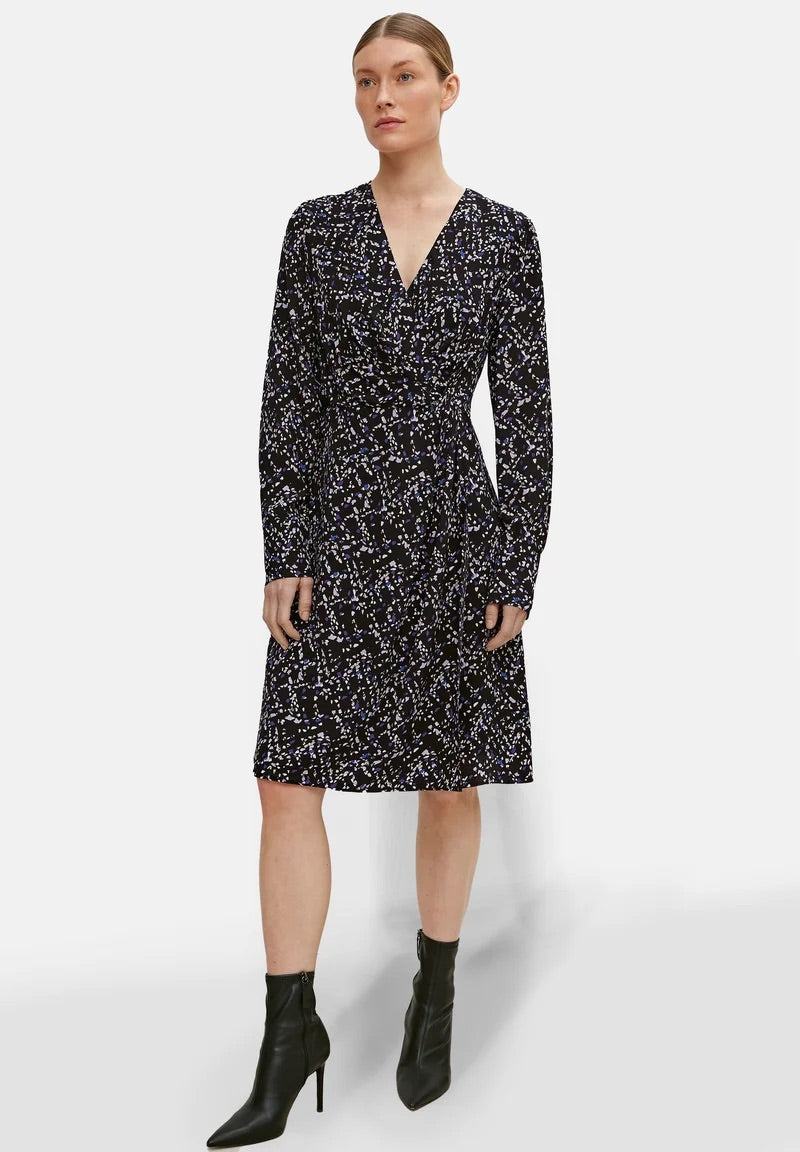 Comma Abstract Splatter Print V-Neck Dress - Black