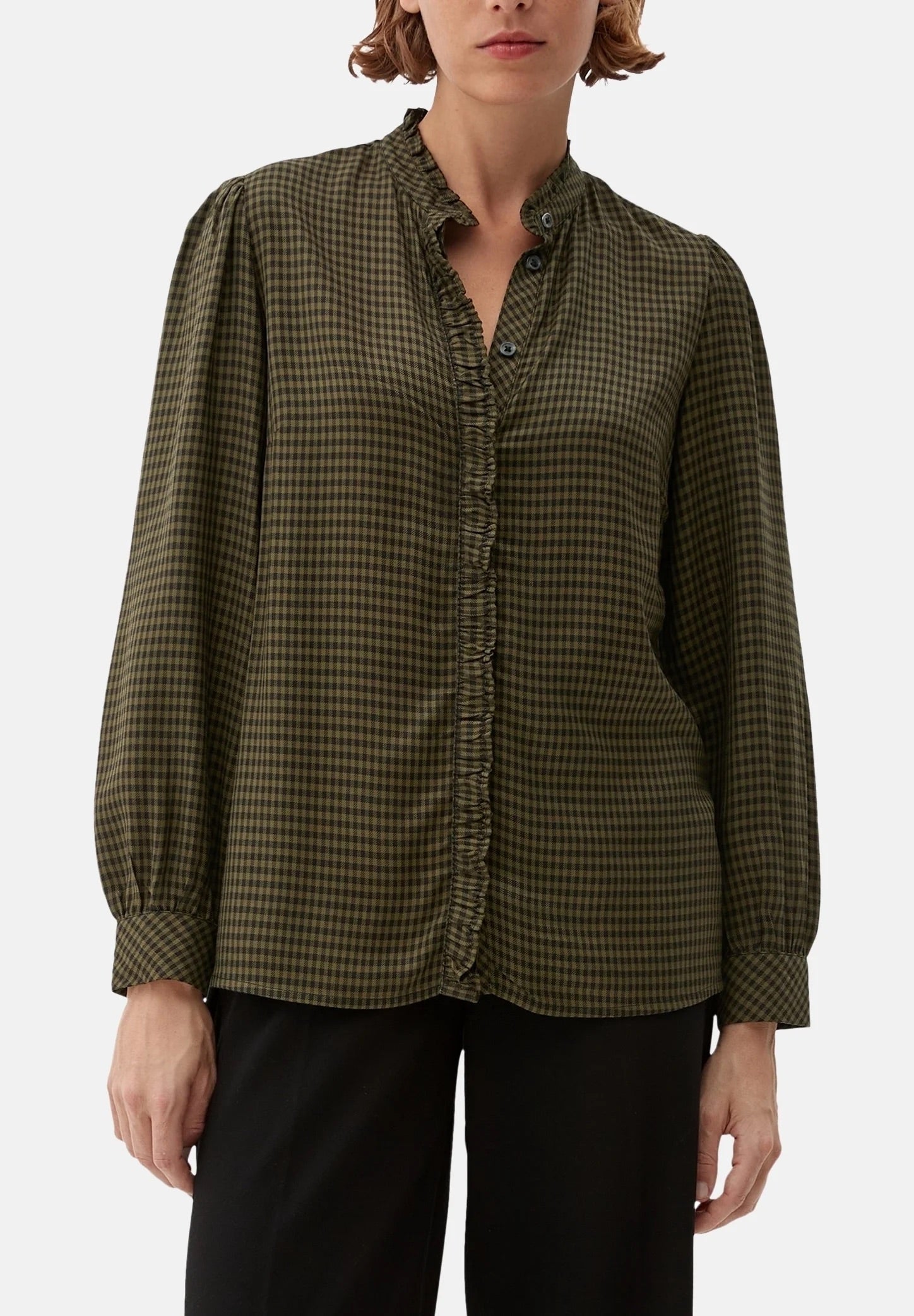 s.Oliver Gingham Check Blouse with Ruffle Collar - Evergreen