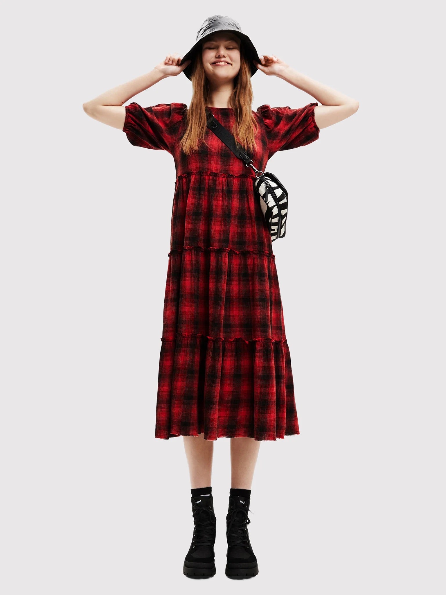 Desigual Khan Tartan Tiered Midi Dress – Red