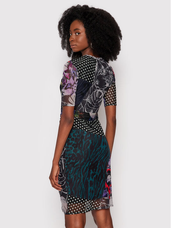 Desigual Amber Patchwork Mesh Mini Dress – Black Multicolour