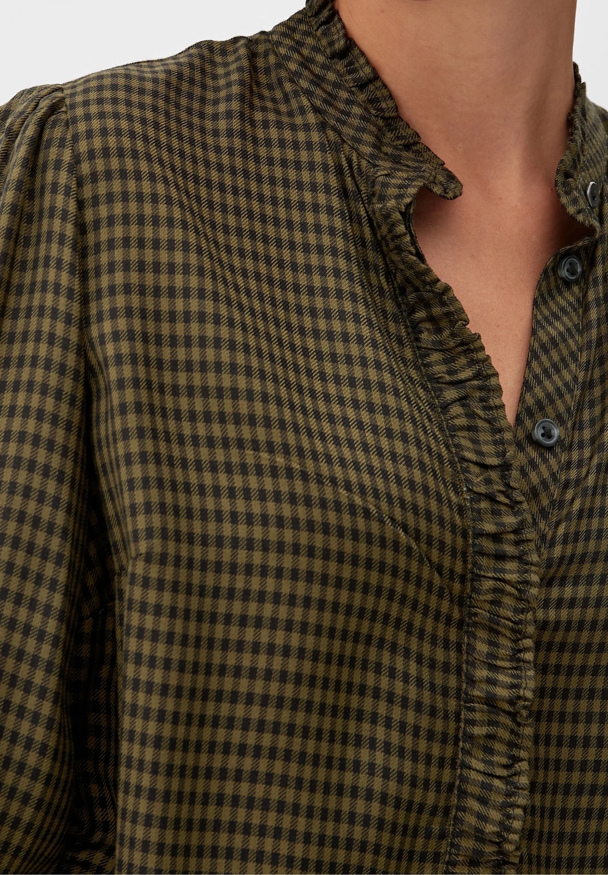 s.Oliver Gingham Check Blouse with Ruffle Collar - Evergreen