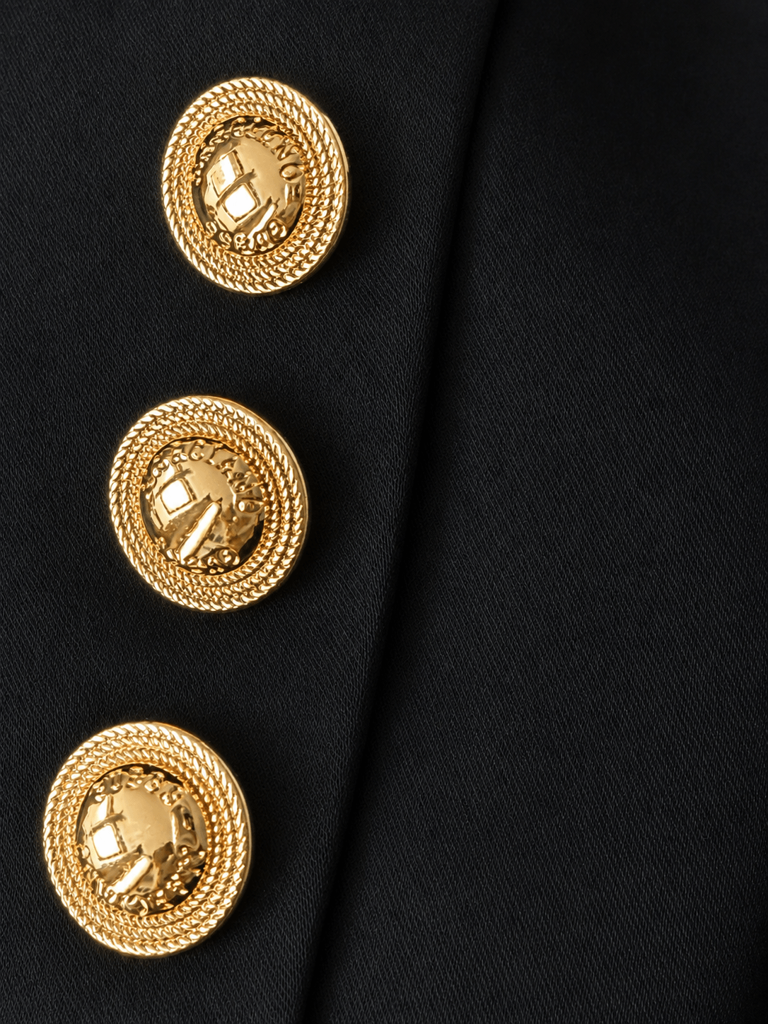 Marciano by Guess Satin Finish Blazer – Black close-up of gold buttons, designer clothing from premium brands in women's fashion.