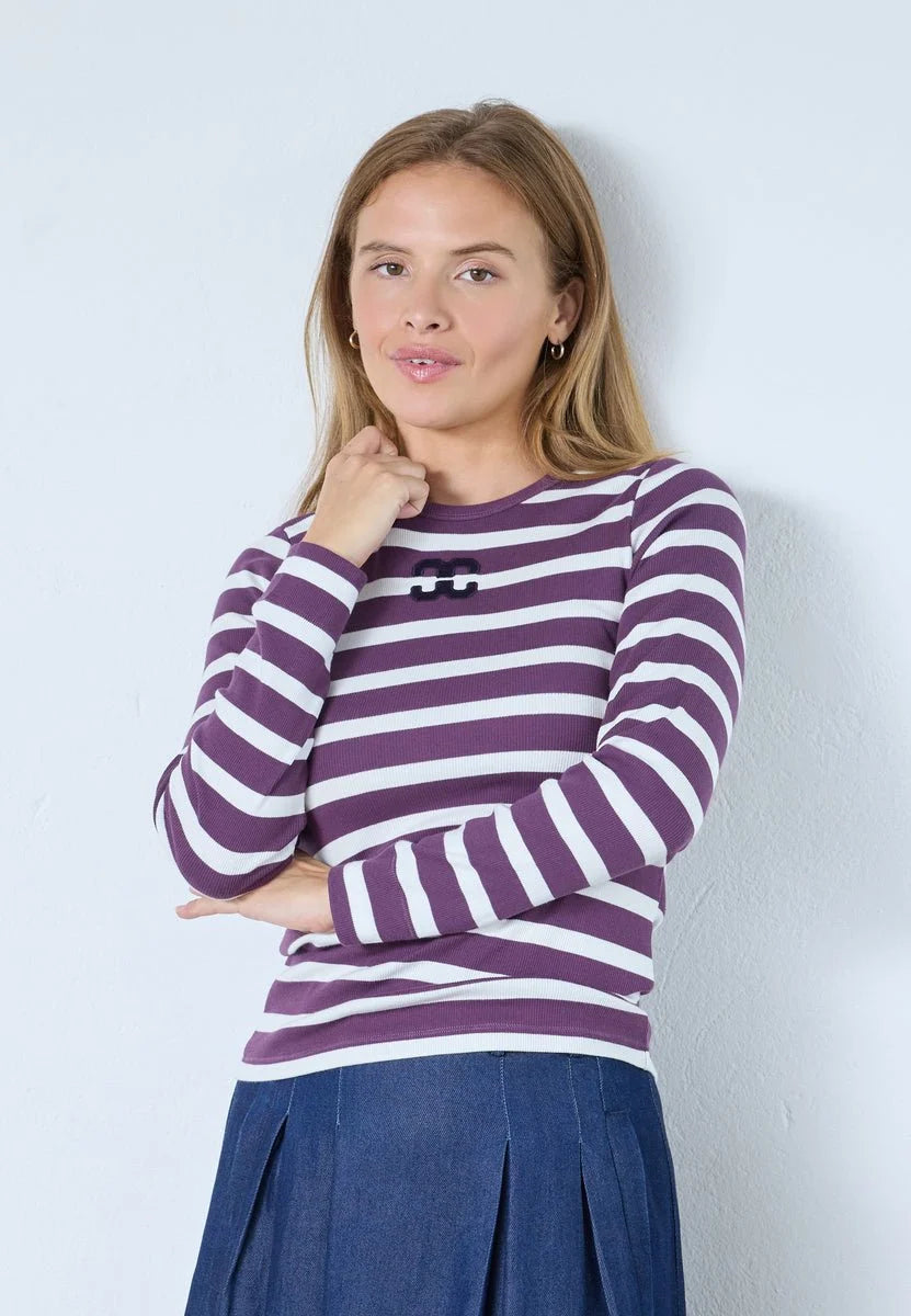 Co'couture Granny CC Rib Embroidered LS Blouse – Offwhite/Plum