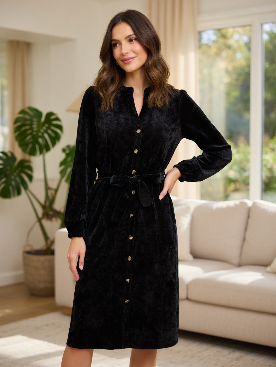 Sorbet Spicy Corduroy Shirt Dress with Belt - Black