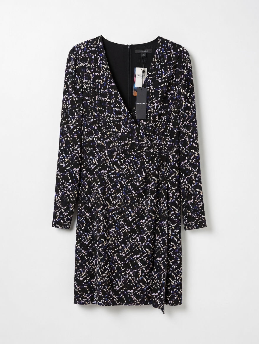 Comma Abstract Splatter Print V-Neck Dress - Black