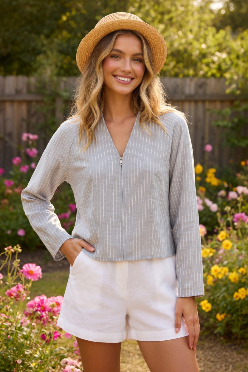 ICHI IHXTALIA Pinstripe Zip-Front Blouse - Light Grey