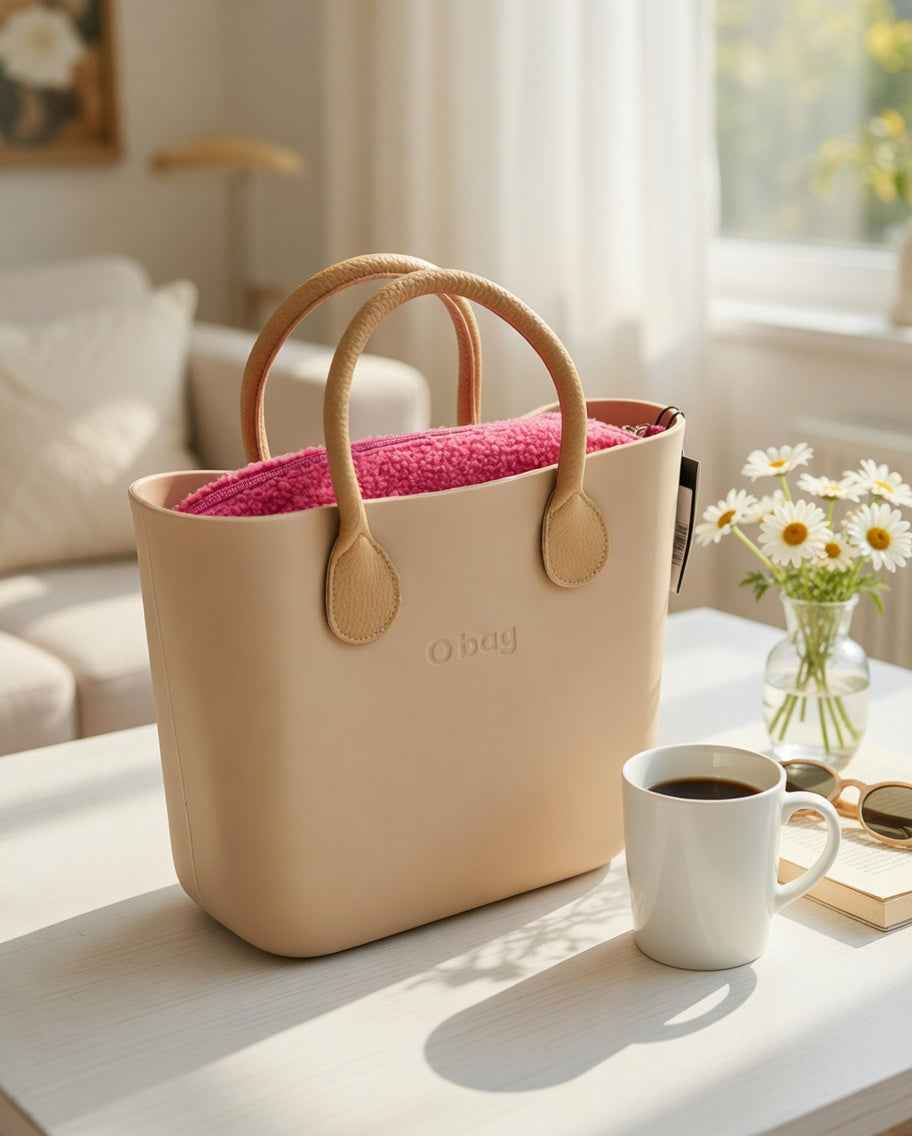 O bag Mini – Cream Tote Bag with Camel Handles & Pink Interior