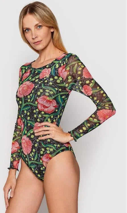 Desigual Floral Bodysuit - Black with Pink Flowers