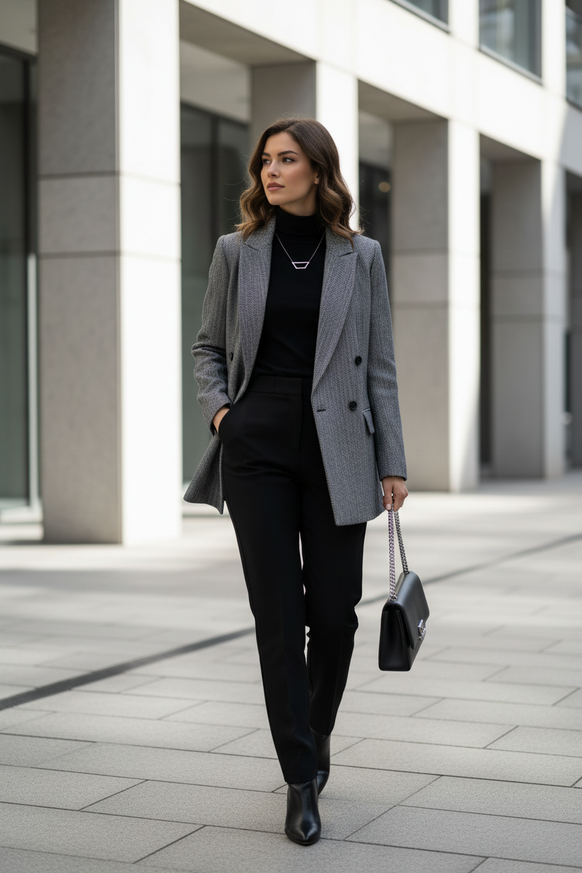 Woman wearing Rinascimento gray dress in elegant urban setting